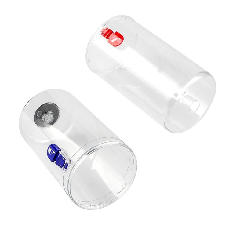 Clear water tanks with black rims and blue/red latch lids, wet vacuum accessory set