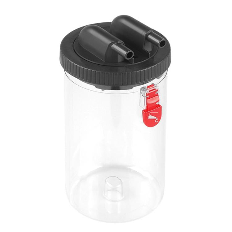 Clear water tank with black ridged lid and red latch, wet vacuum water tank lid