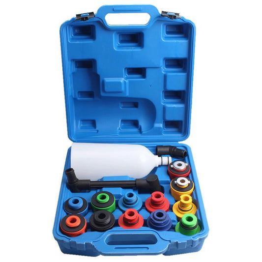 Car oil filling funnel set in blue storage case with colored adapter caps