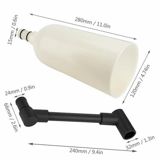 White oil filling funnel with black extension tube and outlet attachment