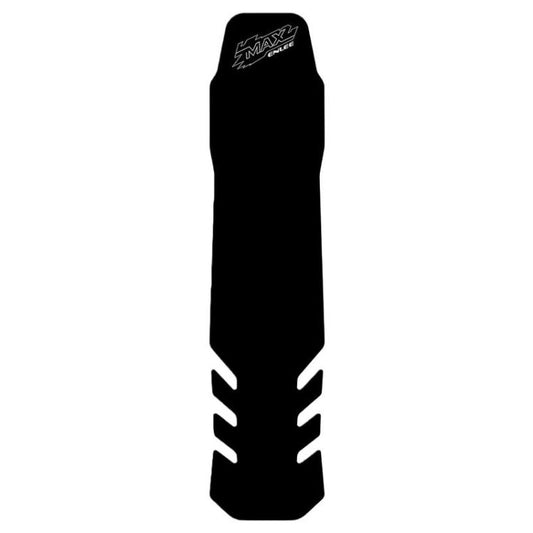 Black silicone bike frame protector pad with logo and slotted side cutouts