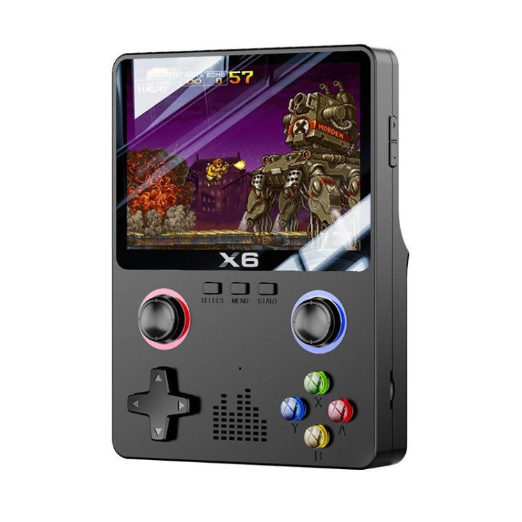 Black handheld retro gaming console with color screen and dual joysticks