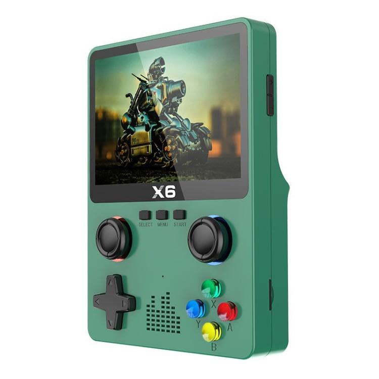Green handheld retro gaming console with color screen and dual joysticks