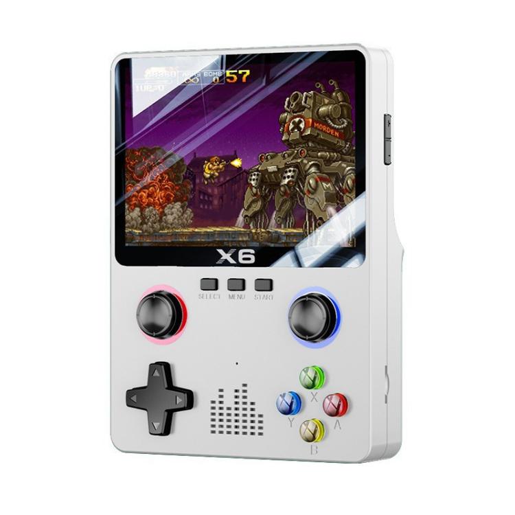 White handheld retro gaming console front view with color screen and dual joysticks