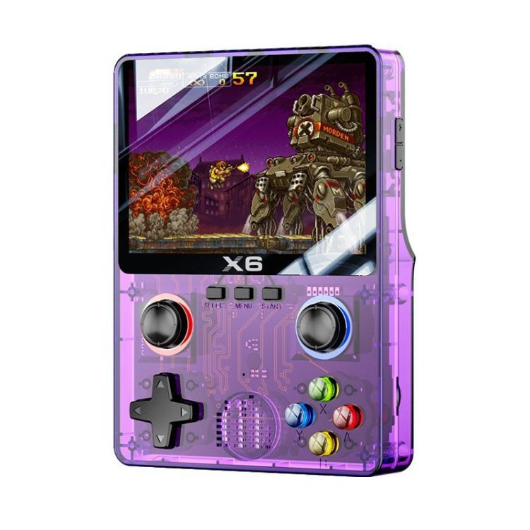 Transparent purple handheld retro gaming console front view with color screen and dual joysticks