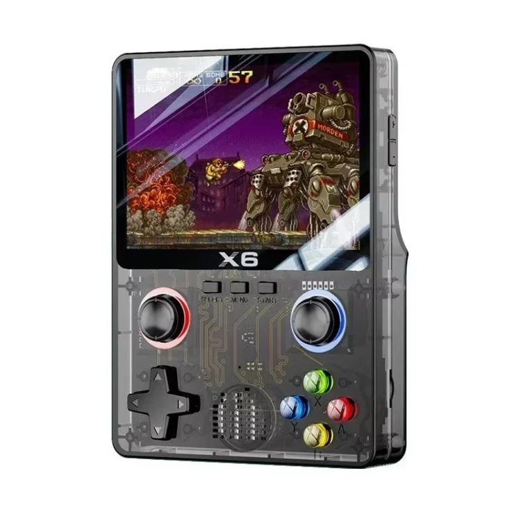 Transparent black handheld retro gaming console front view with color screen and dual joysticks