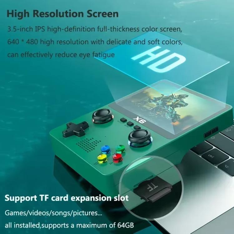 Green handheld gaming console with large color screen and TF card expansion slot