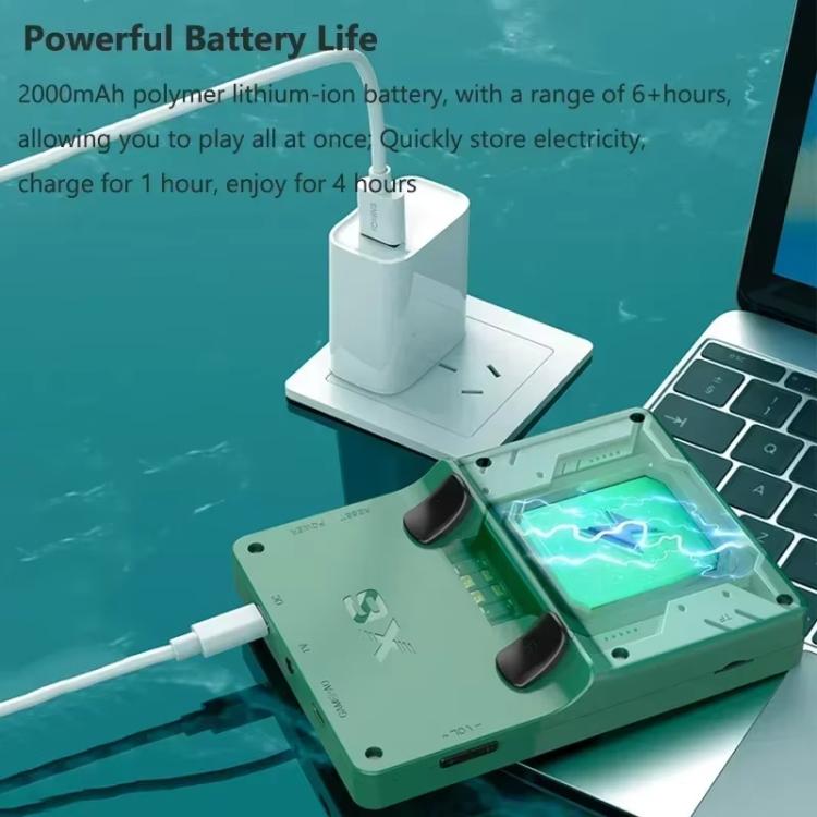 Green handheld gaming console charging on dock with two front joysticks and illuminated screen