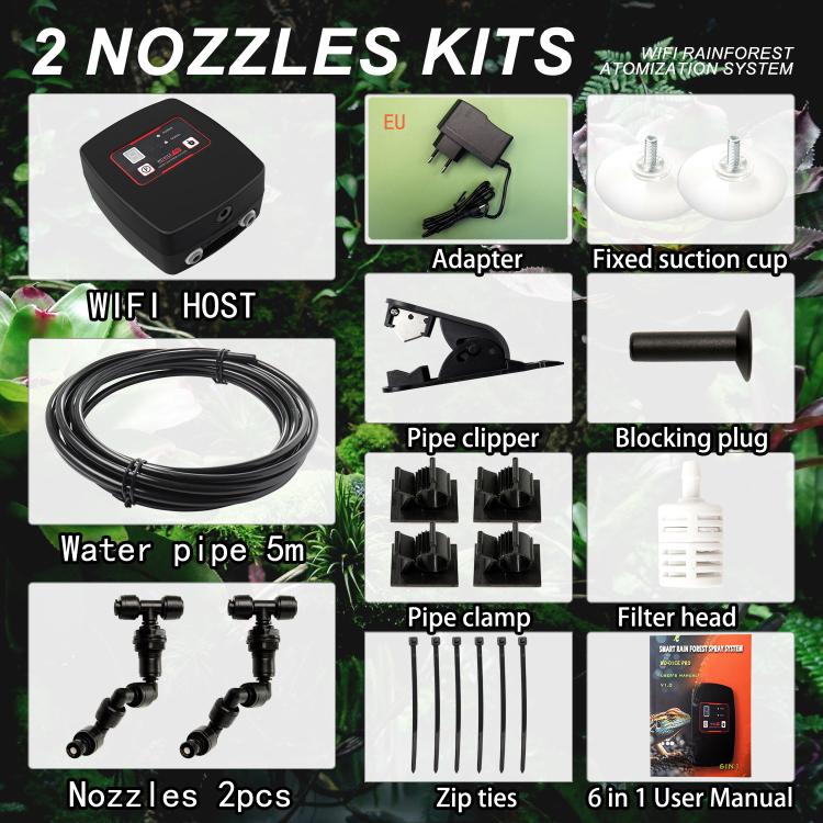 2-nozzle terrarium misting kit with controller, adapter, suction cup, and tubing pieces