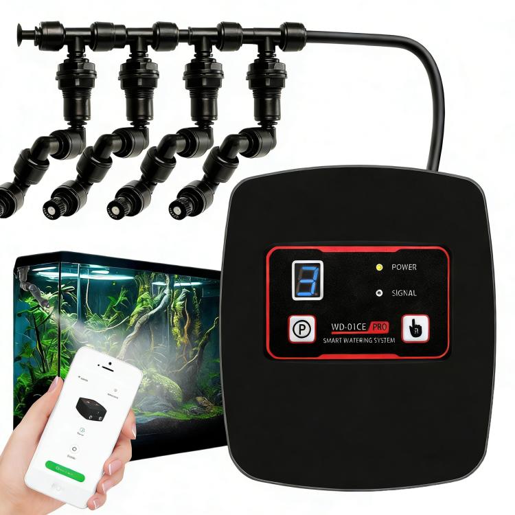 Terrarium misting system with four nozzles and black WiFi controller with indicator lights