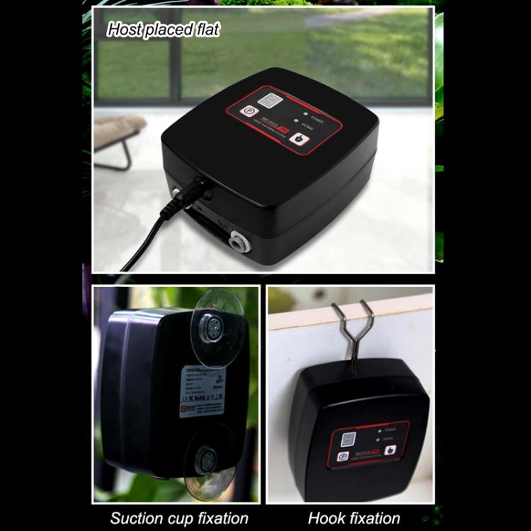WiFi misting system controller on flat surface with suction cup and hook mounting points