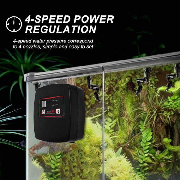 WiFi misting system controller mounted beside a terrarium misting setup with tubing