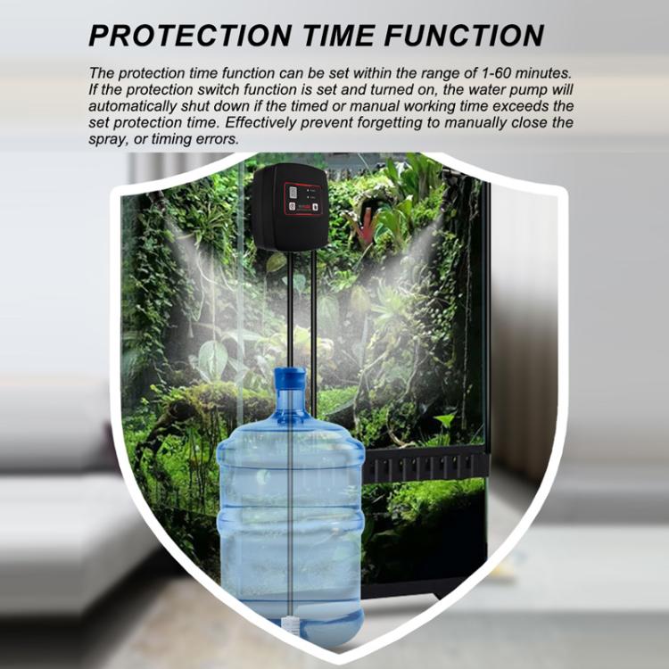 WiFi misting system controller showing protection time function over a misted terrarium