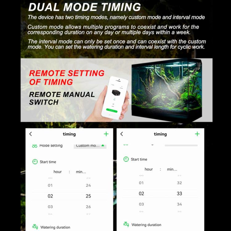 WiFi misting system controller with dual mode timing schedule settings on phone