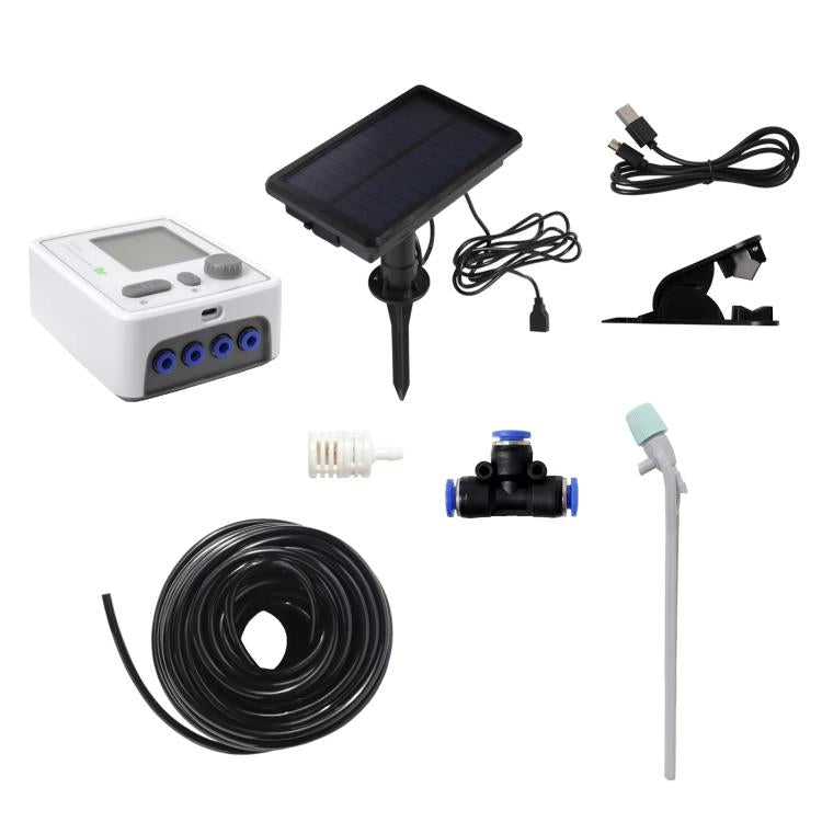 Solar-powered potted plant watering kit with solar panel, dual pumps, and drip arrow stake