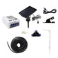Solar plant watering system with timer controller, dual pumps, black tubing, and clear drip arrow