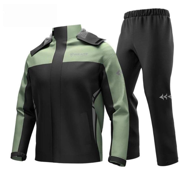 Olive-green and black motorcycle rain suit jacket and pants with reflective details