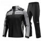 Light-gray and black motorcycle rain suit jacket and pants with reflective details