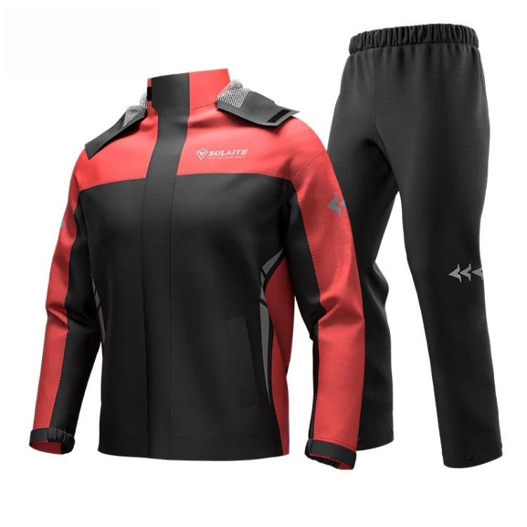 Red and black motorcycle rain suit jacket and pants with reflective trim