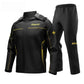 Black motorcycle rain suit jacket and pants with yellow reflective piping and stripes