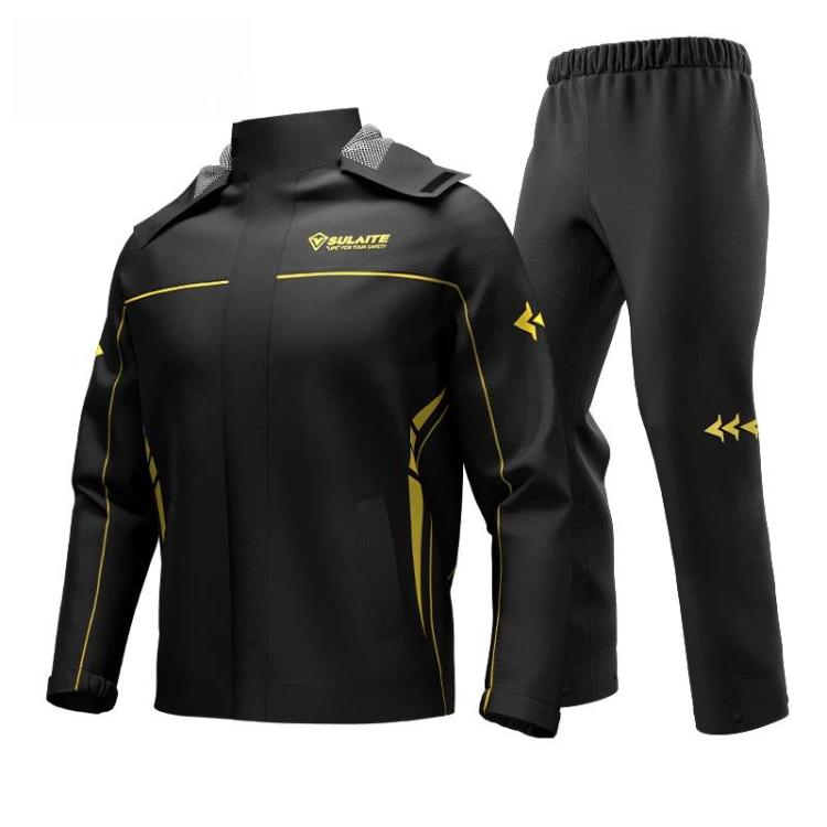 Black motorcycle rain suit jacket and pants with yellow reflective piping and stripes