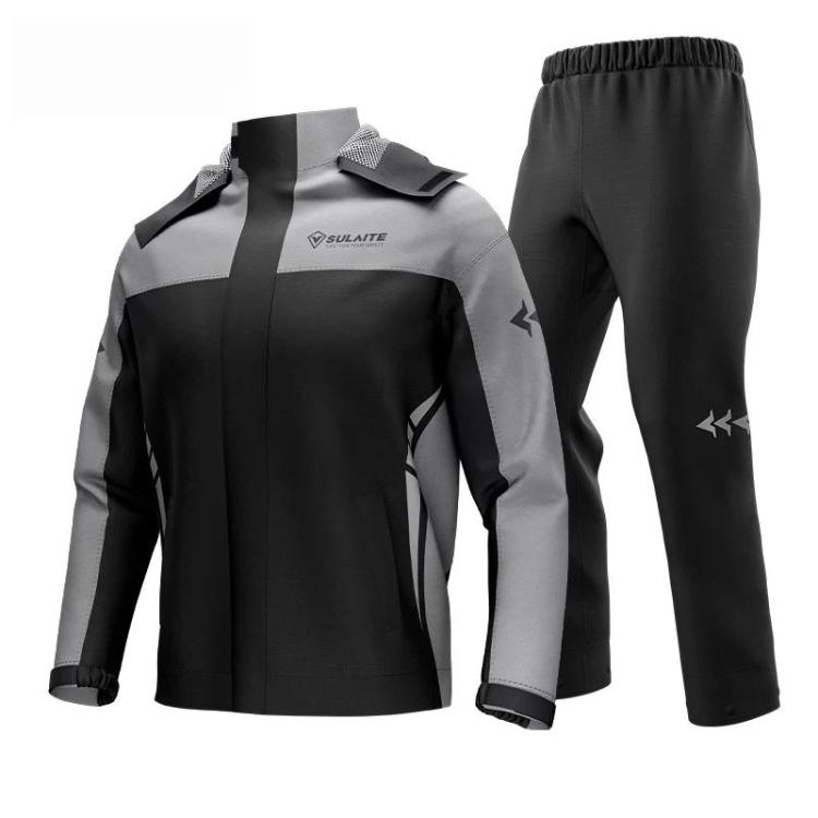 Gray and black motorcycle rain jacket with dark gray rain pants, two-piece set