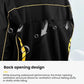 Black motorcycle rain suit back with yellow piping and vented openings