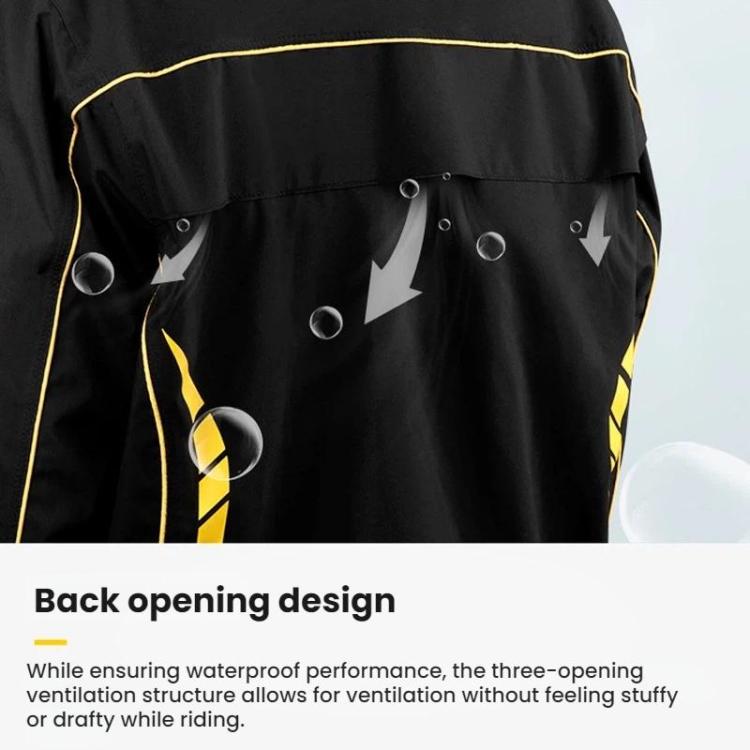 Black motorcycle rain suit back with yellow piping and vented openings