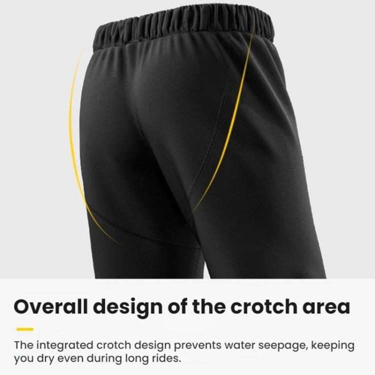 Black motorcycle rain suit pants with elastic waistband and yellow seam piping