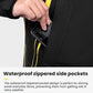 Black motorcycle rain suit pants with waterproof zippered side pocket holding a phone