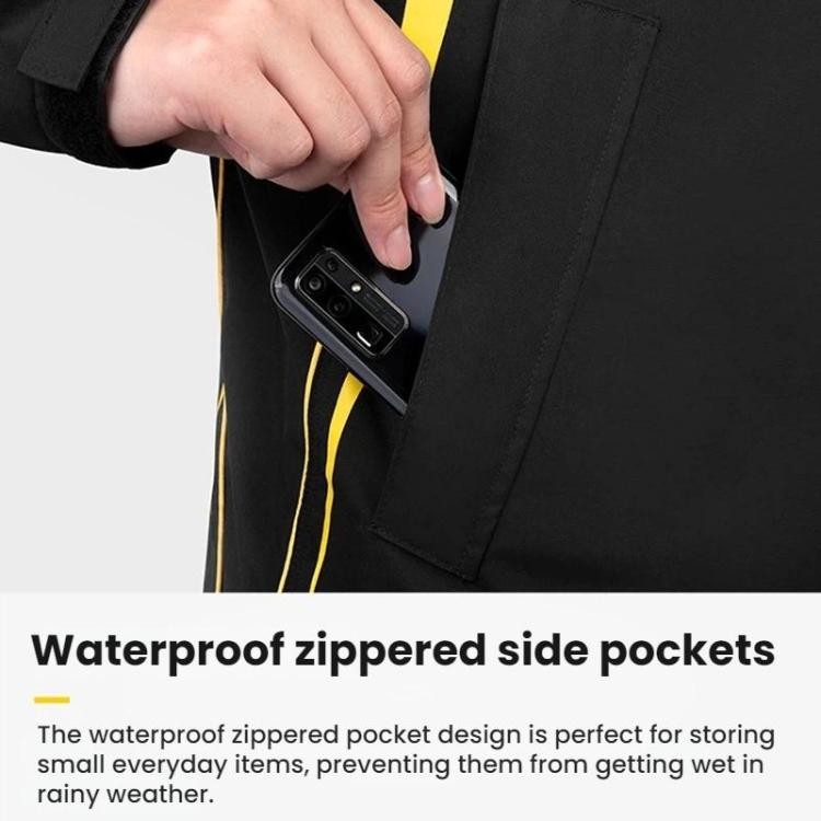 Black motorcycle rain suit pants with waterproof zippered side pocket holding a phone