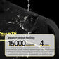 Black motorcycle rain suit fabric close-up with waterproof rating label