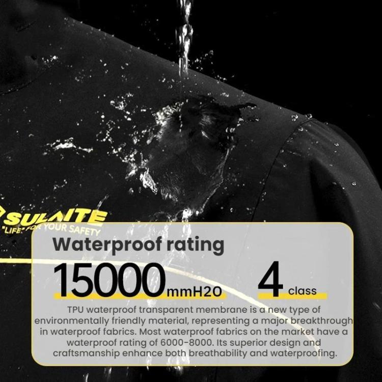 Black motorcycle rain suit fabric close-up with waterproof rating label