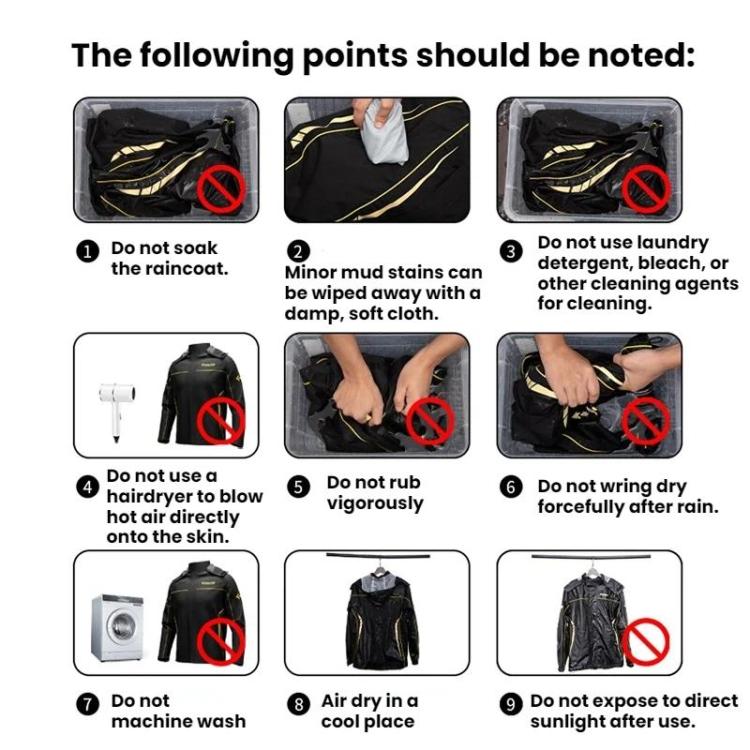 Waterproof motorcycle rain suit care instructions diagram with do-not symbols