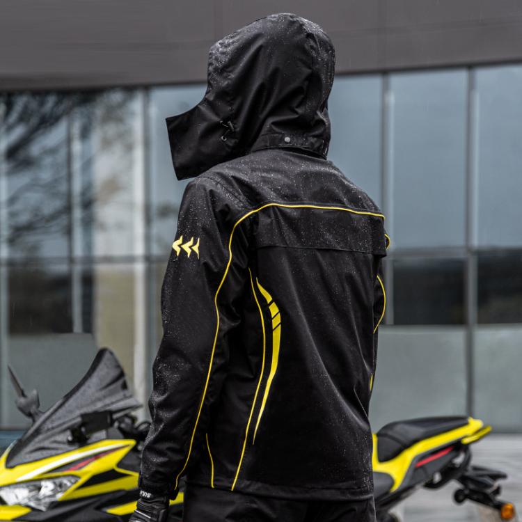Black motorcycle rain suit hooded jacket with yellow trim and back vent