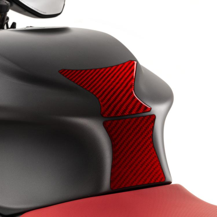 2-piece red carbon-fiber center sticker set on motorcycle seat side panels