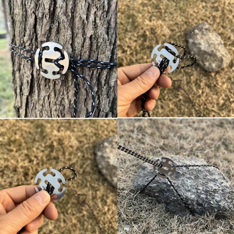 Stainless steel rope clips attached to tree and stone, small metal fasteners