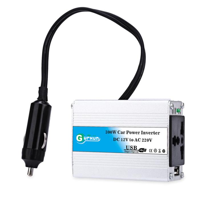 Aluminum car power inverter with cigarette lighter plug and black power cable.