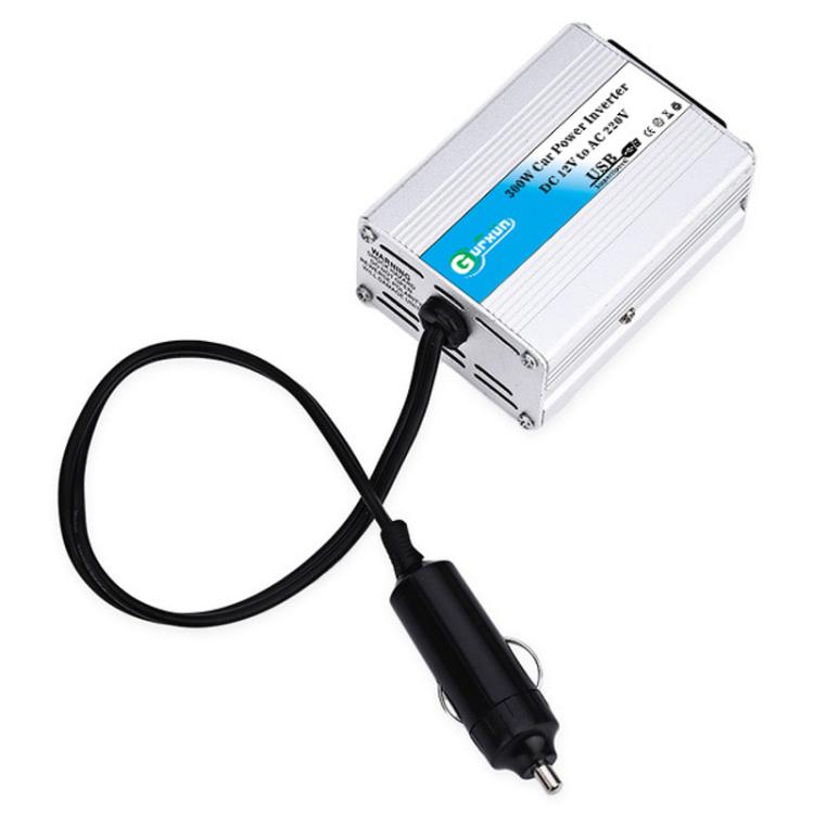 Aluminum car power inverter with cigarette lighter plug and attached black cables.
