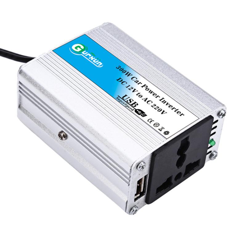 Silver aluminum car power inverter with AC outlet and USB port, black side connector.