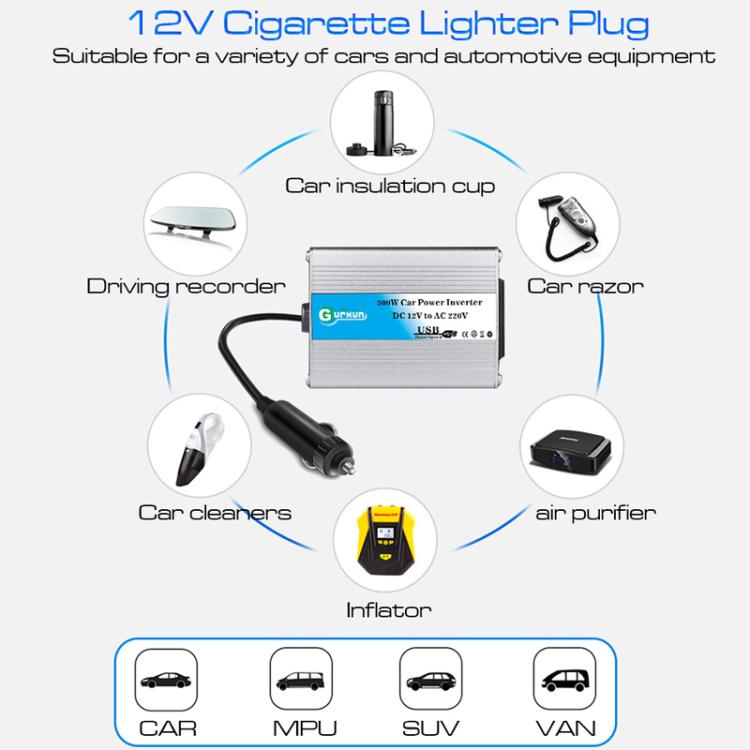 Aluminum car power inverter with cigarette lighter plug and USB, shown with usage icons.