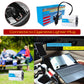 Aluminum car power inverter connected to cigarette lighter plug for powering devices.