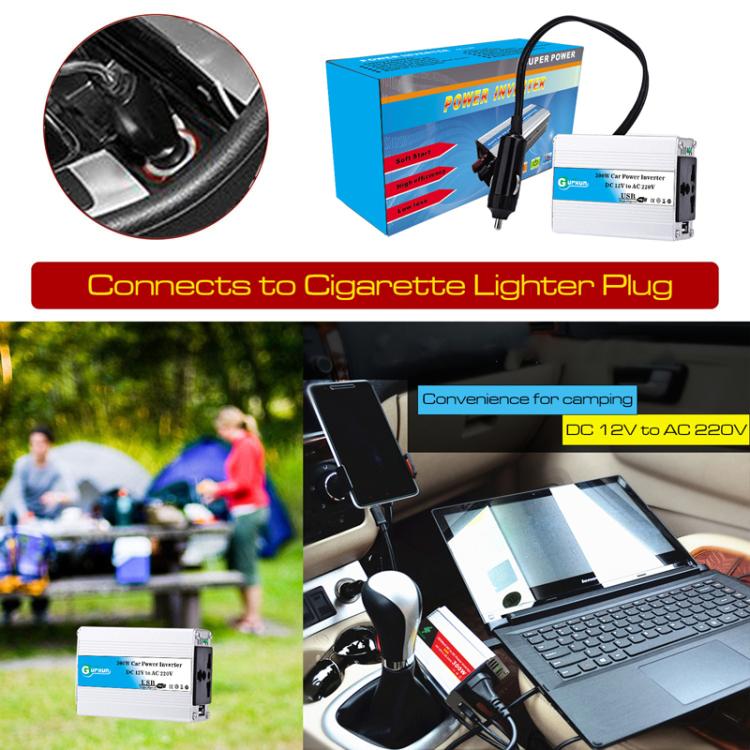 Aluminum car power inverter connected to cigarette lighter plug for powering devices.