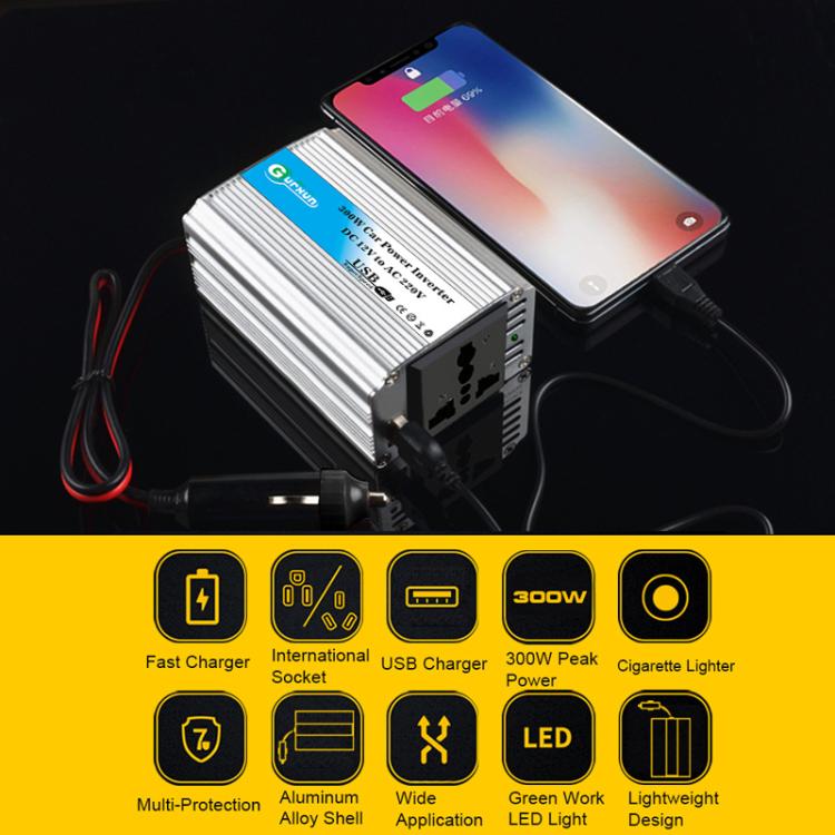 Aluminum car power inverter with built-in protection features and USB charging ports.