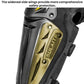 Black knee pad with molded plate, gold logo detail, and adjustable strap