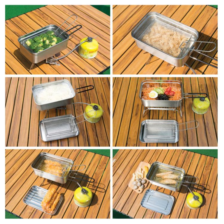 COOL CAMP foldable stainless steel strainer basket shown with different cooking items