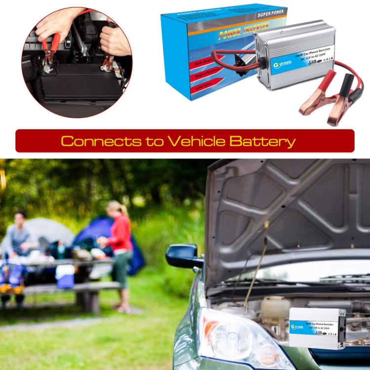 Gurxun 150W car power inverter with battery clamps and power output sockets