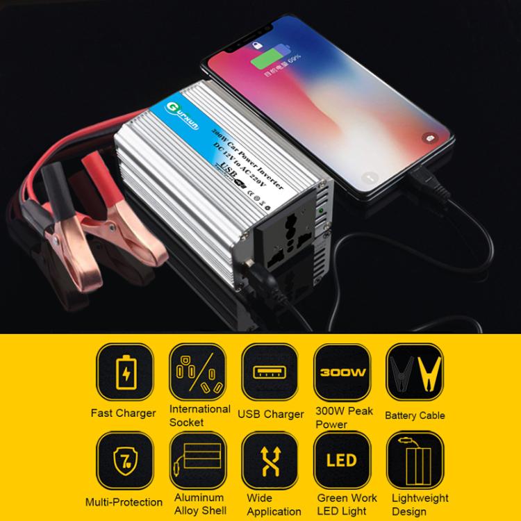 Gurxun 150W car power inverter with USB port, AC outlet, and battery clamps