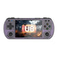 Transparent purple retro handheld game console with touchscreen and D-pad plus face buttons