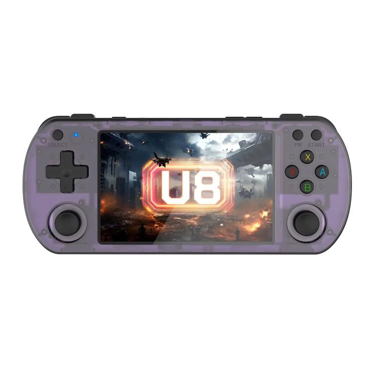 Transparent purple retro handheld game console with touchscreen and D-pad plus face buttons
